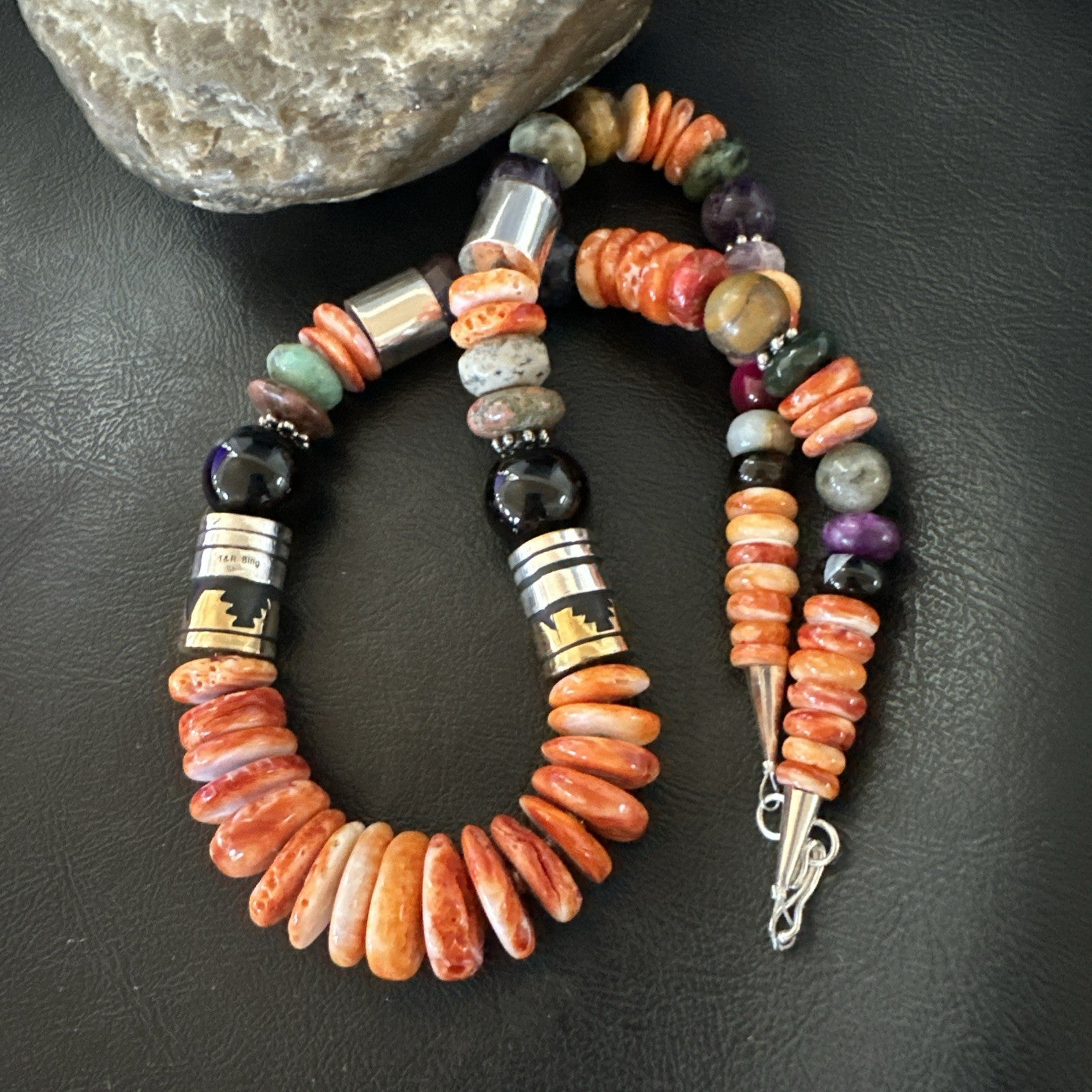 Tommy Rosita Singer T R Sterling Silver Orange Spiny Onyx Necklace 20in 19411