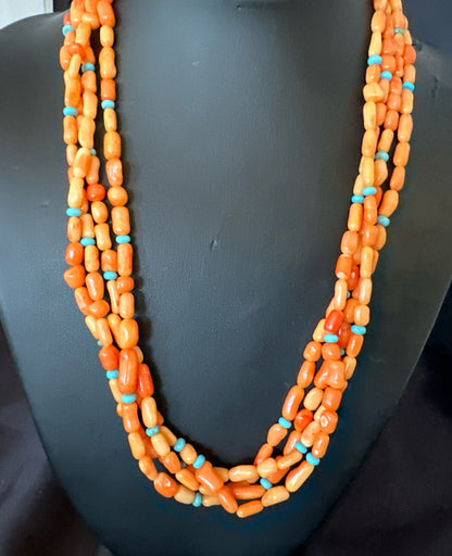 Native Turquoise Orange Coral Sterling Silver 4 Strand Necklace 21" 17820