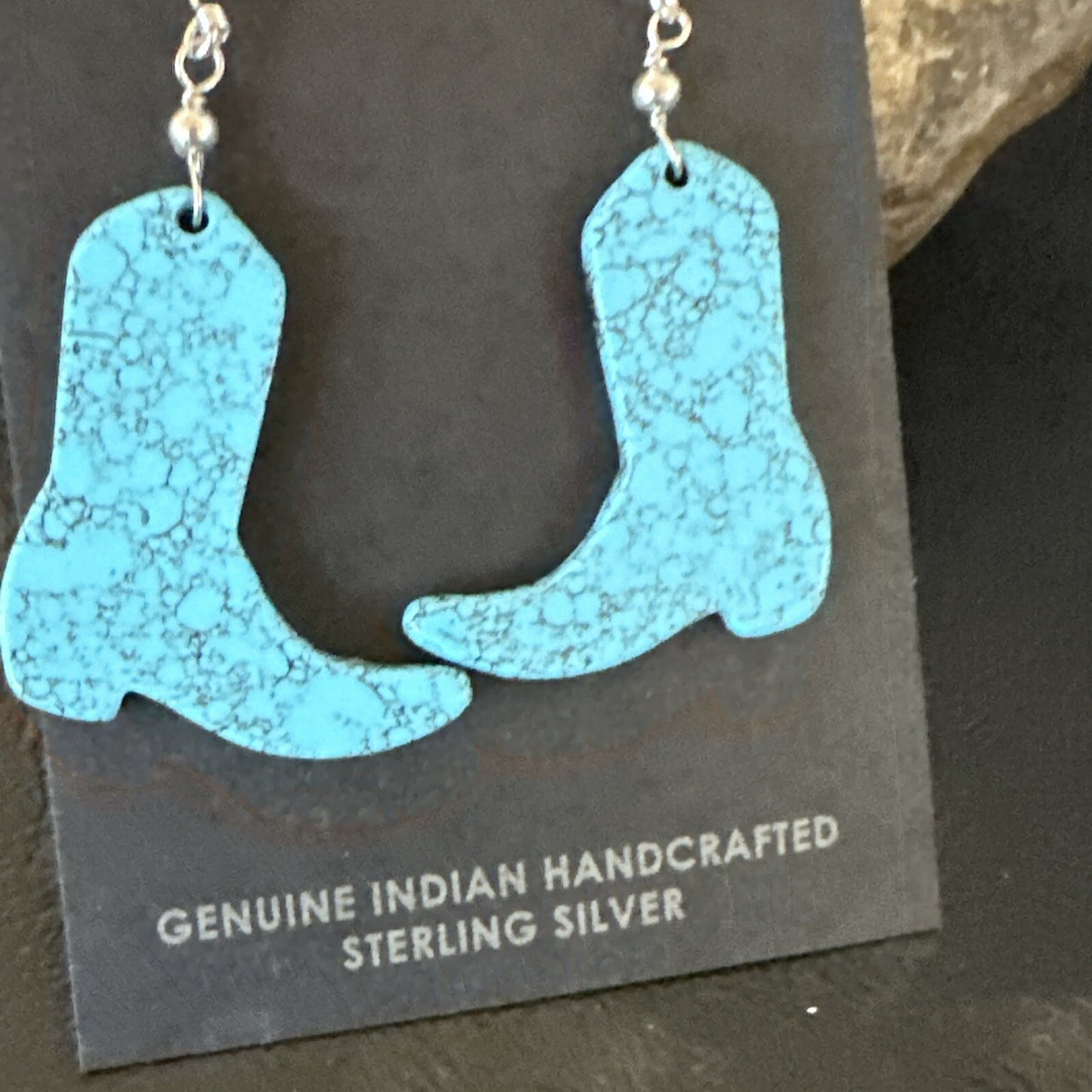 Western Cowboy Boots Navajo Slab Blue Turquoise Sterling Silver Earrings 17875
