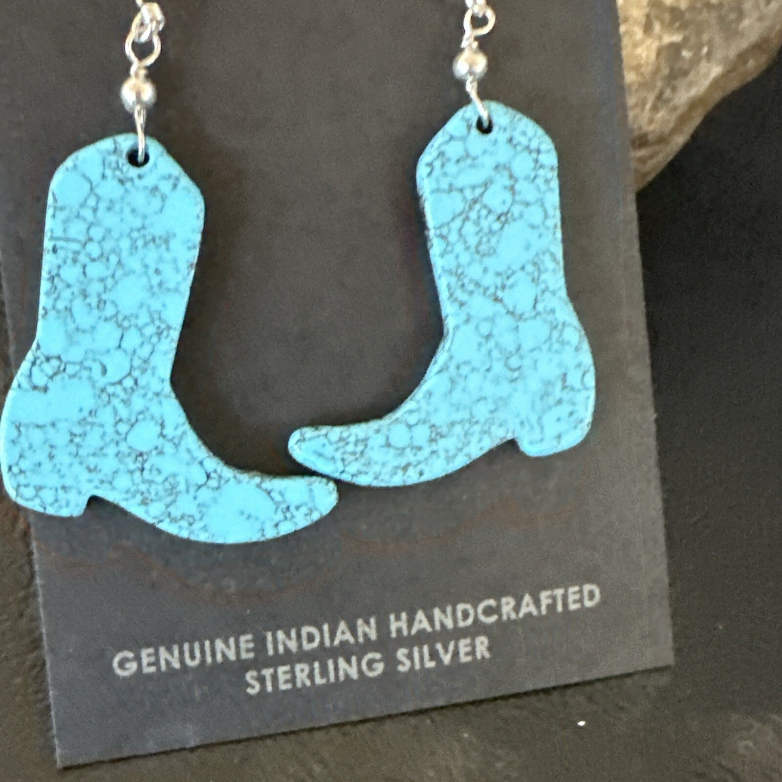 Western Cowboy Boots Navajo Slab Blue Turquoise Sterling Silver Earrings 17875
