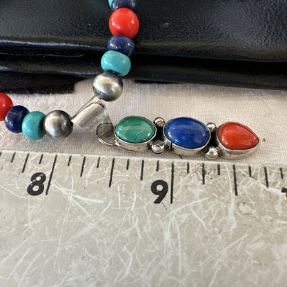Multicolor Turquoise Coral Navajo Sterling Silver Cluster Pendant Necklace 19646