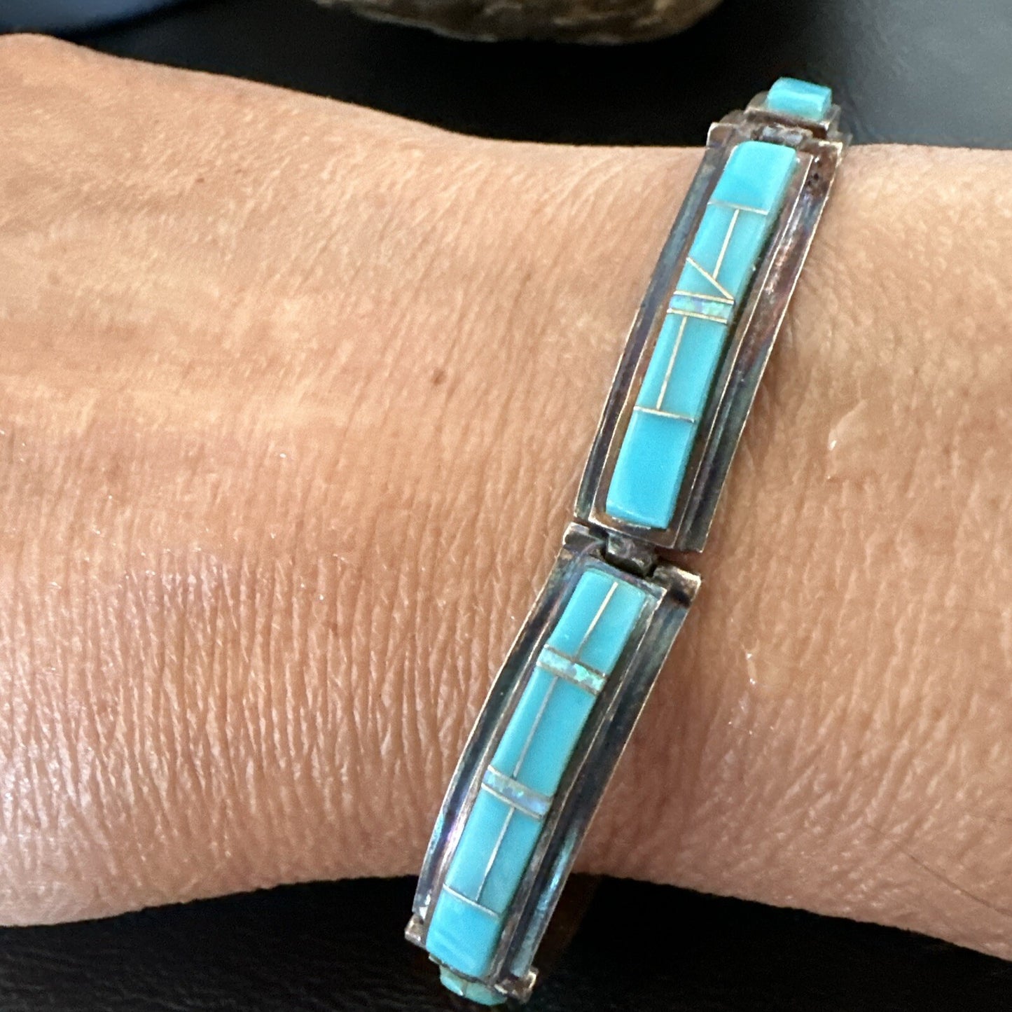 Opal Blue Turquoise Navajo Old Pawn Sterling Silver Inlay Bracelet 7.5" 18126
