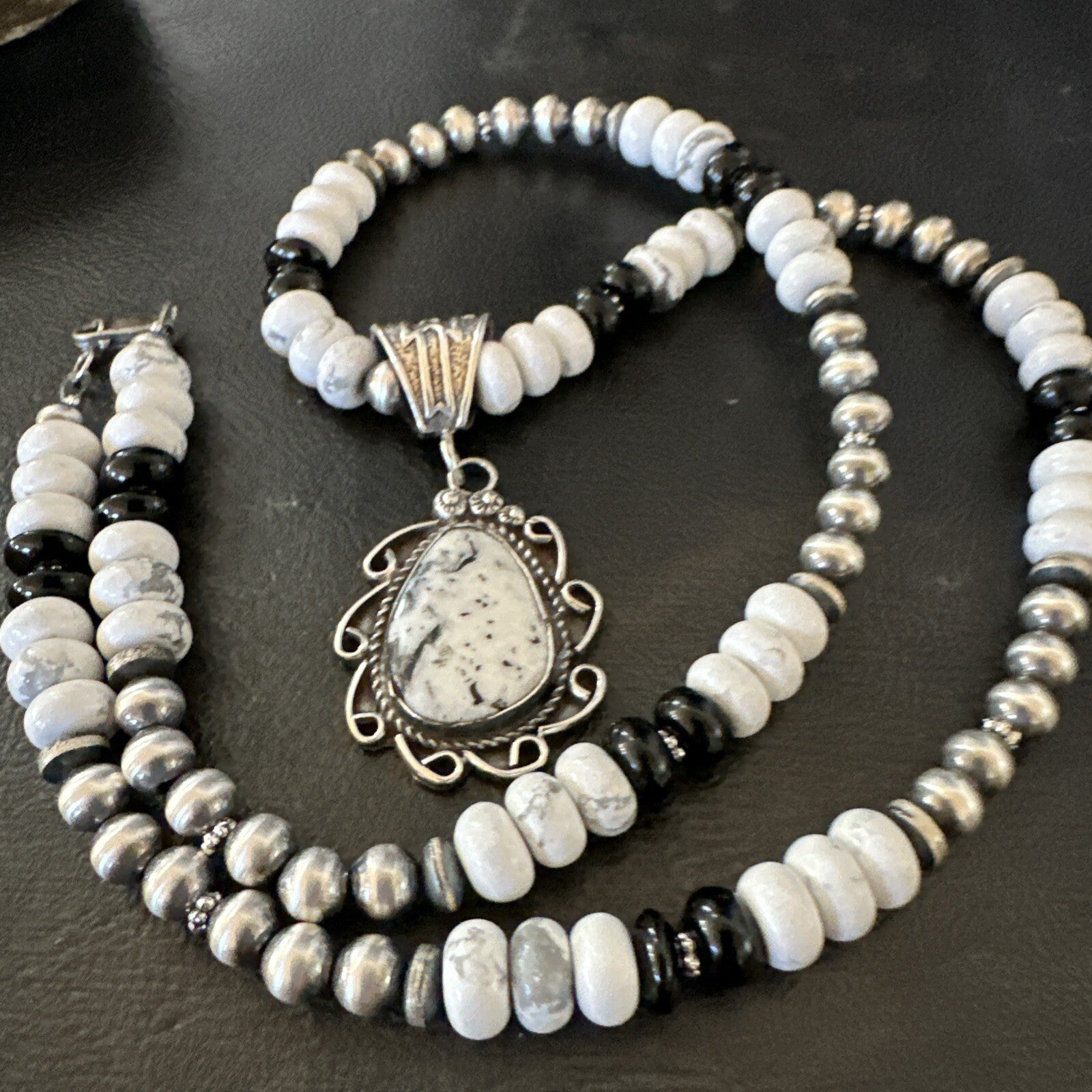 White Buffalo Turquoise Pendant Howlite Navajo Sterling Silver Necklace 24”18724