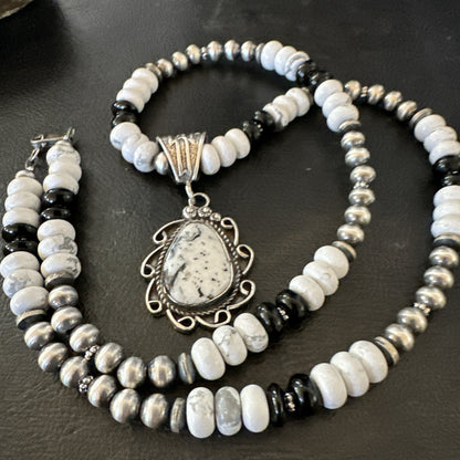 White Buffalo Turquoise Pendant Howlite Navajo Sterling Silver Necklace 24”18724