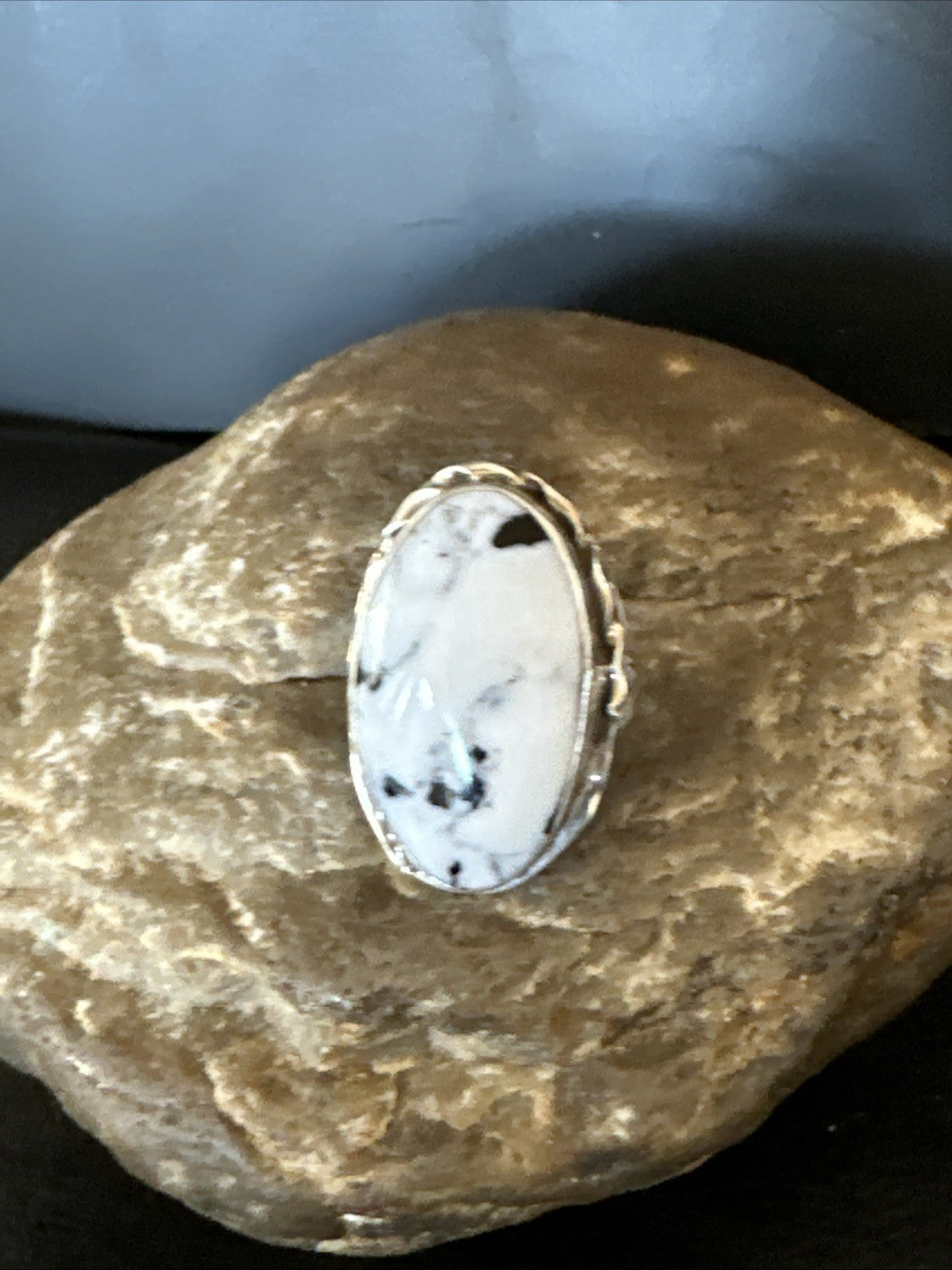 Black White Buffalo Turquoise Navajo Sterling Silver Ring Size 7.5 19805