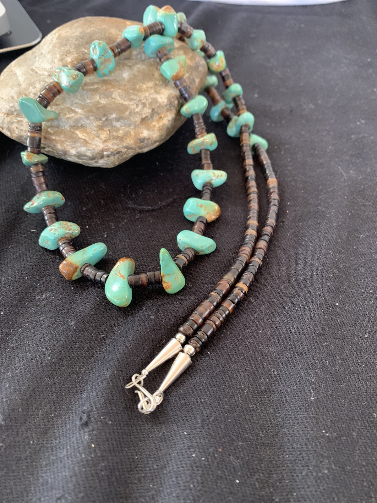 Native Navajo 30" Turquoise Shell Heishi Sterling Silver Bead Necklace 00764