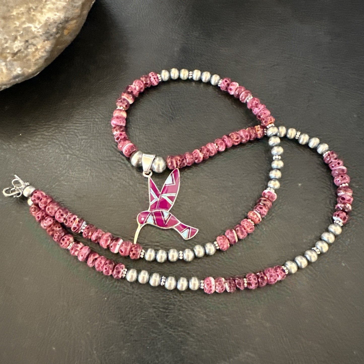 HummingBird Purple Spiny Sugilite Pendant Navajo Sterling Silver Necklace 19607