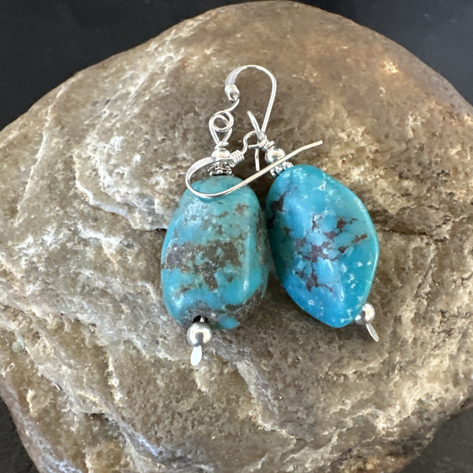 Blue Turquoise Nugget Sterling Silver Beads Earrings 1" 17867