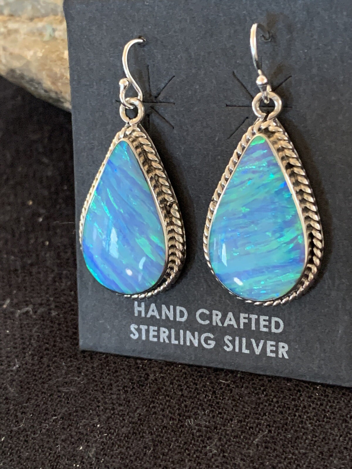 Native American Womens Navajo Sterling Silver Blue Opal Earrings 00471