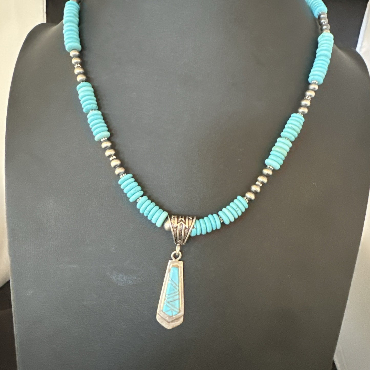 Blue Turquoise Inlay Pendant Navajo Sterling Silver Necklace 20" 19677