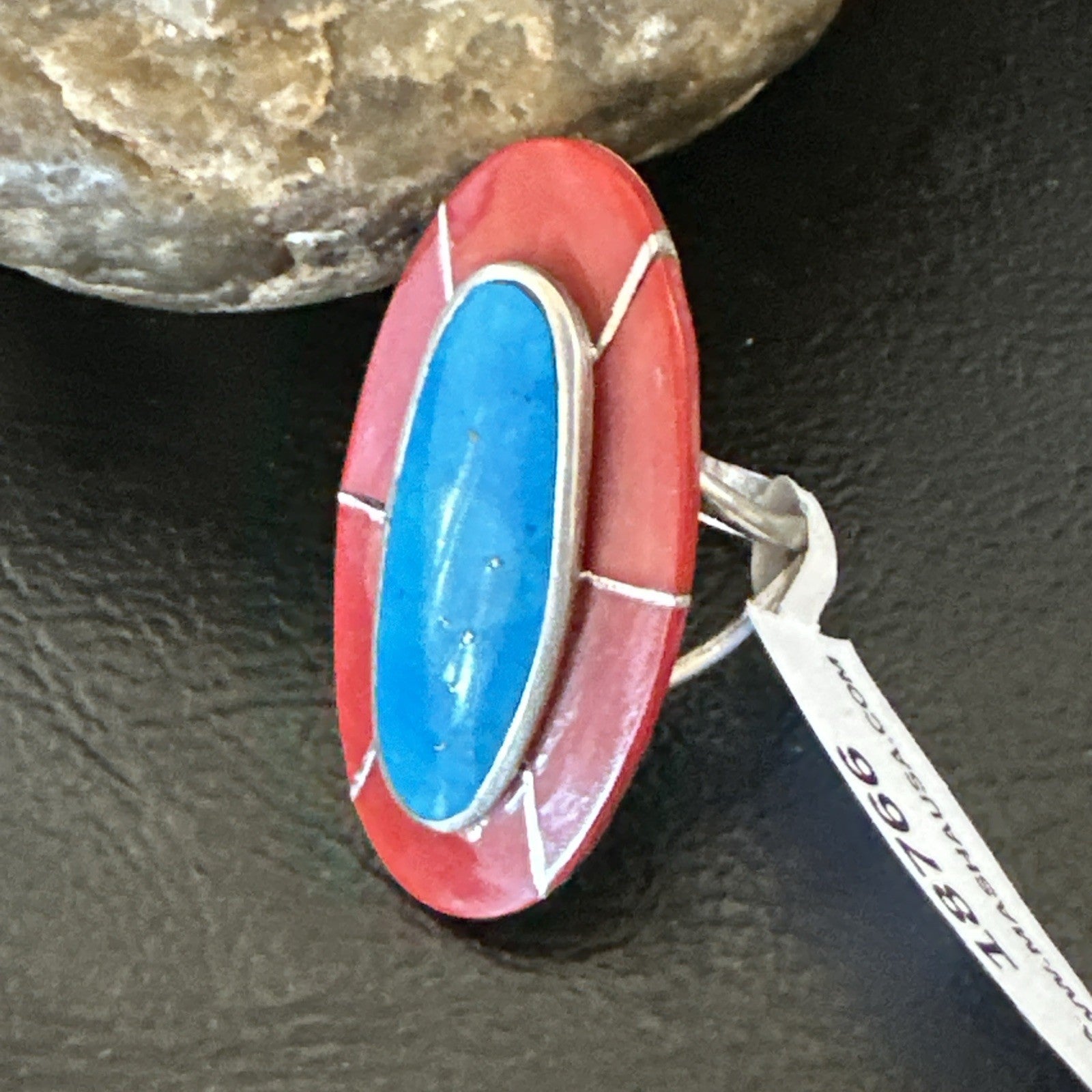 Blue Turquoise Coral Navajo Sterling Silver Ring Size 7.5 18766