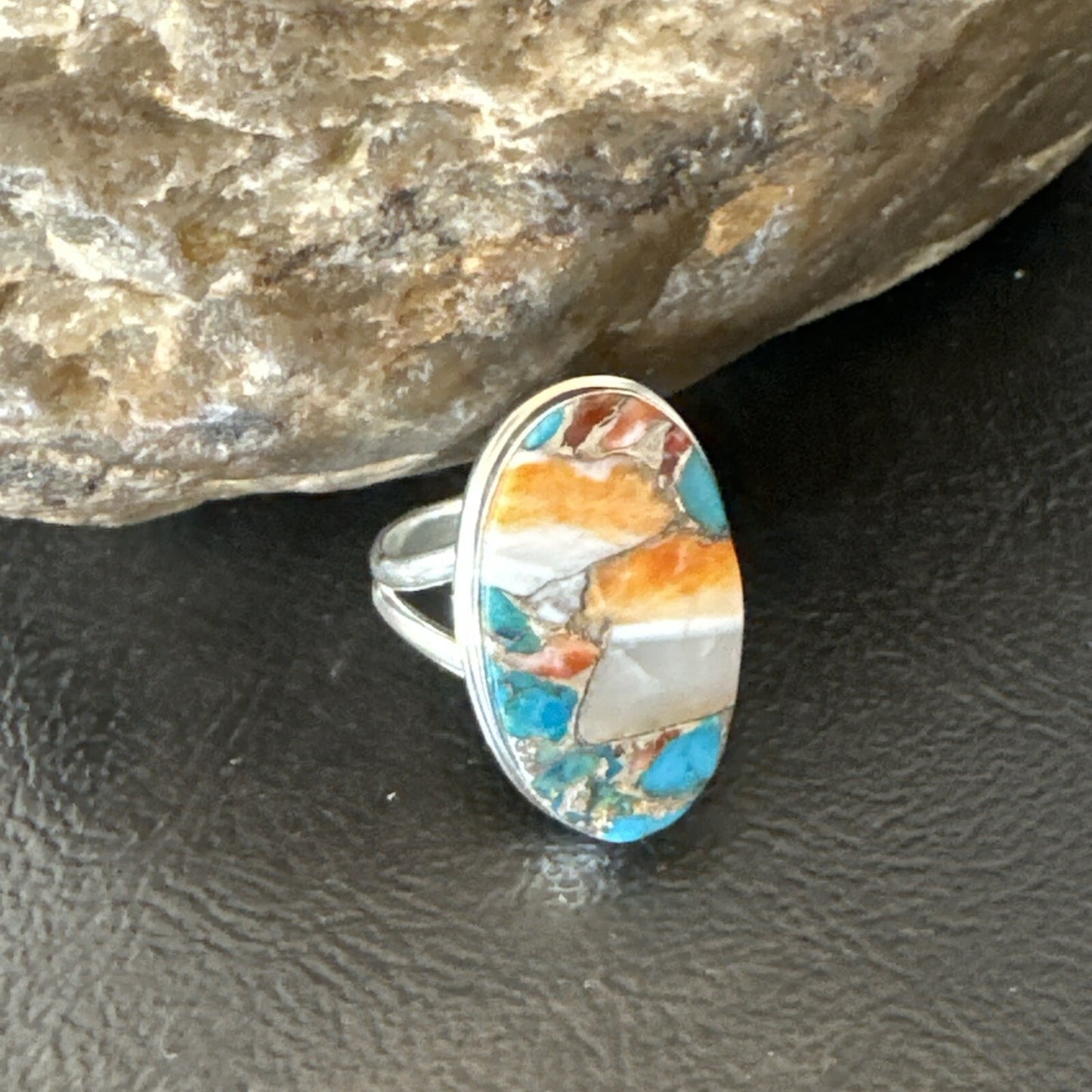 Blue Turquoise Spiny Oyster Southwestern Sterling Silver Ring Size 8 18547