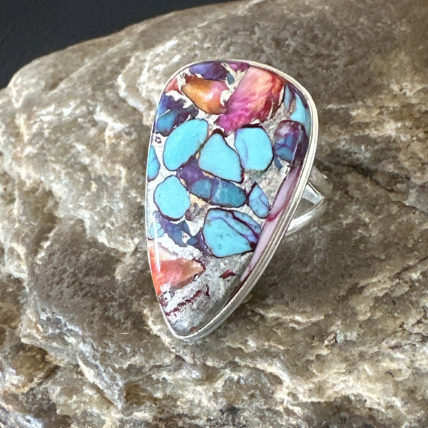 Blue Turquoise Spiny Oyster Navajo Ring Size 7 | Sterling Silver | Authentic Native American Handmade | 18226