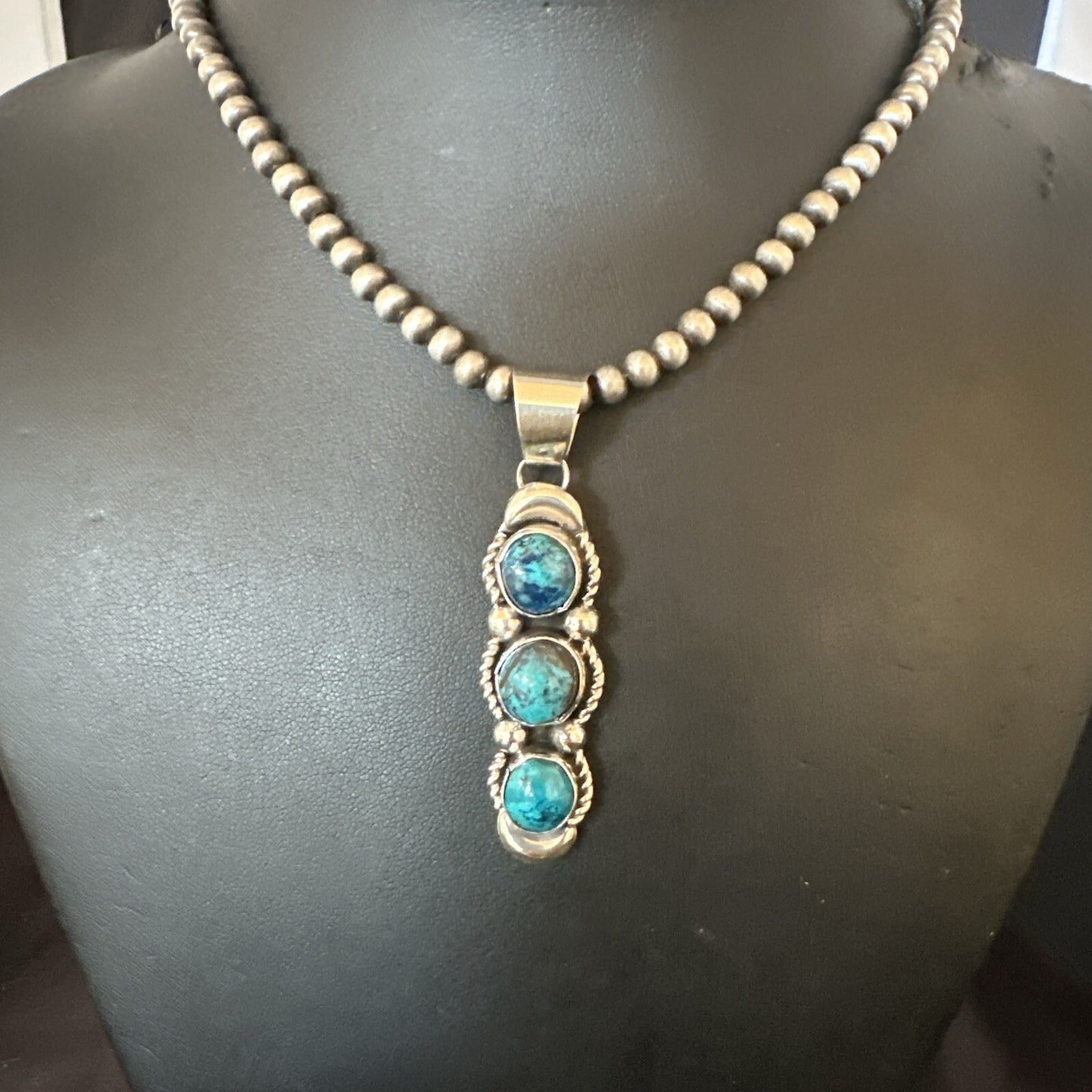 Blue Turquoise 3 Stone Navajo Sterling Silver Cluster Pendant 18193