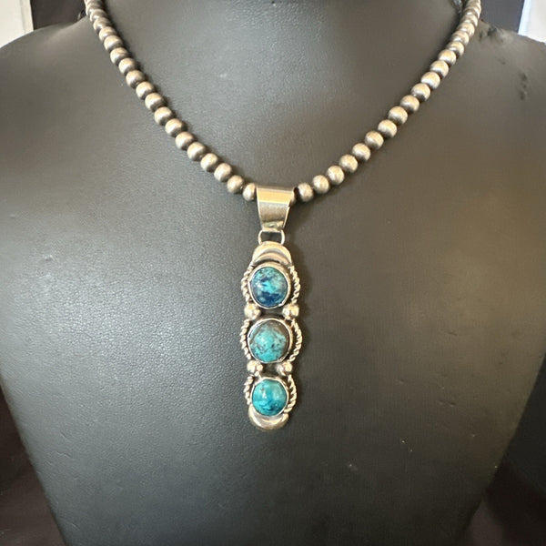 Blue Turquoise 3 Stone Navajo Cluster Pendant | Sterling Silver | Authentic Native American Handmade | 18193