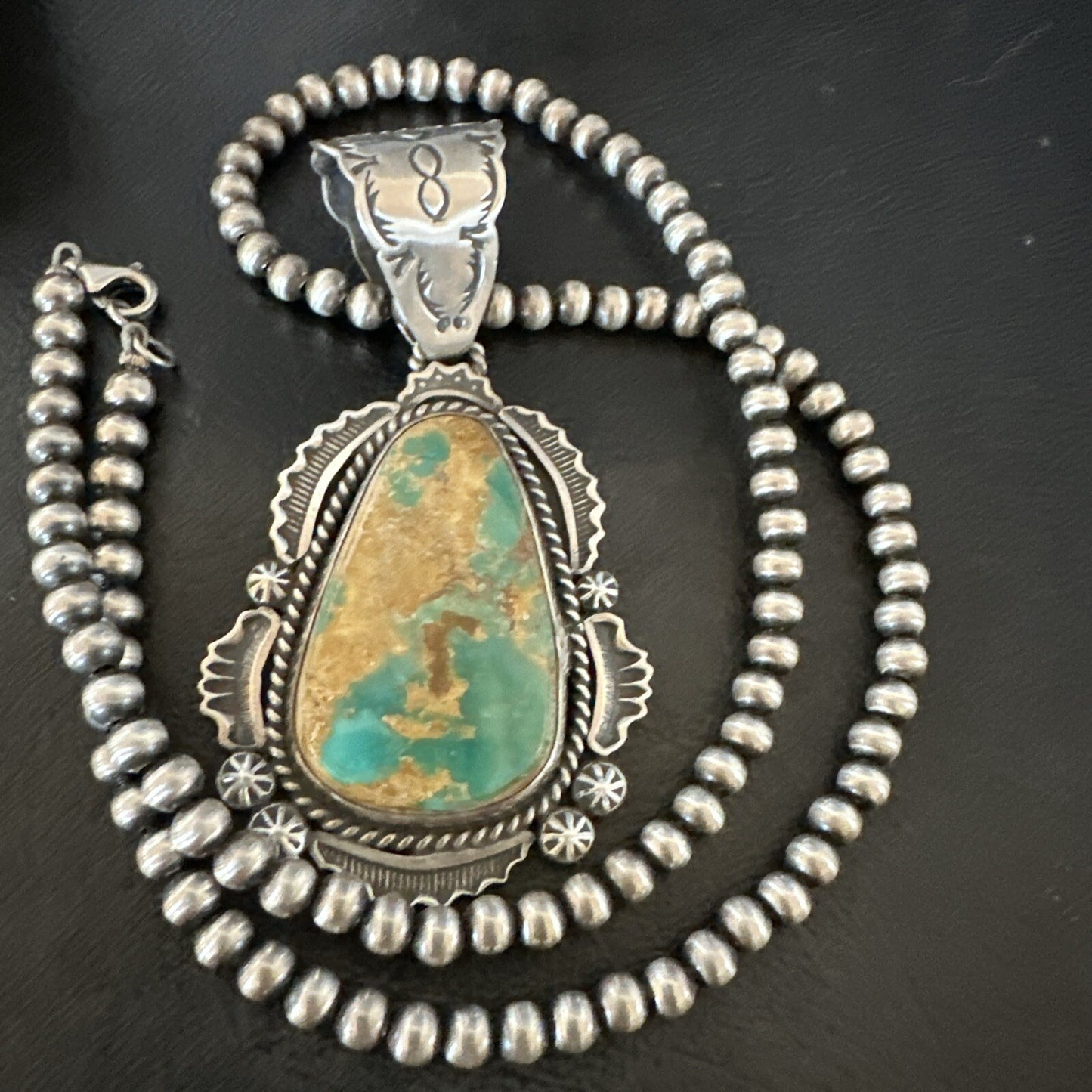 XL Green Royston Turquoise Pendant Navajo Sterling Silver Necklace 18224
