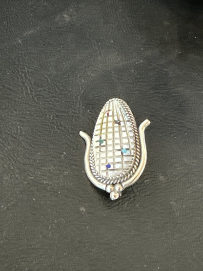 CORN INLAY Turquoise White MOP Spiny Zuni Sterling Silver Pin Pendant 17849