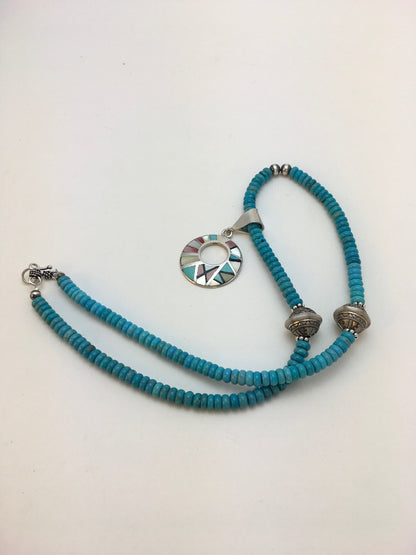 Blue Turquoise Mother Of Pearl Inlay Pendant Sterling Silver Necklace 08902