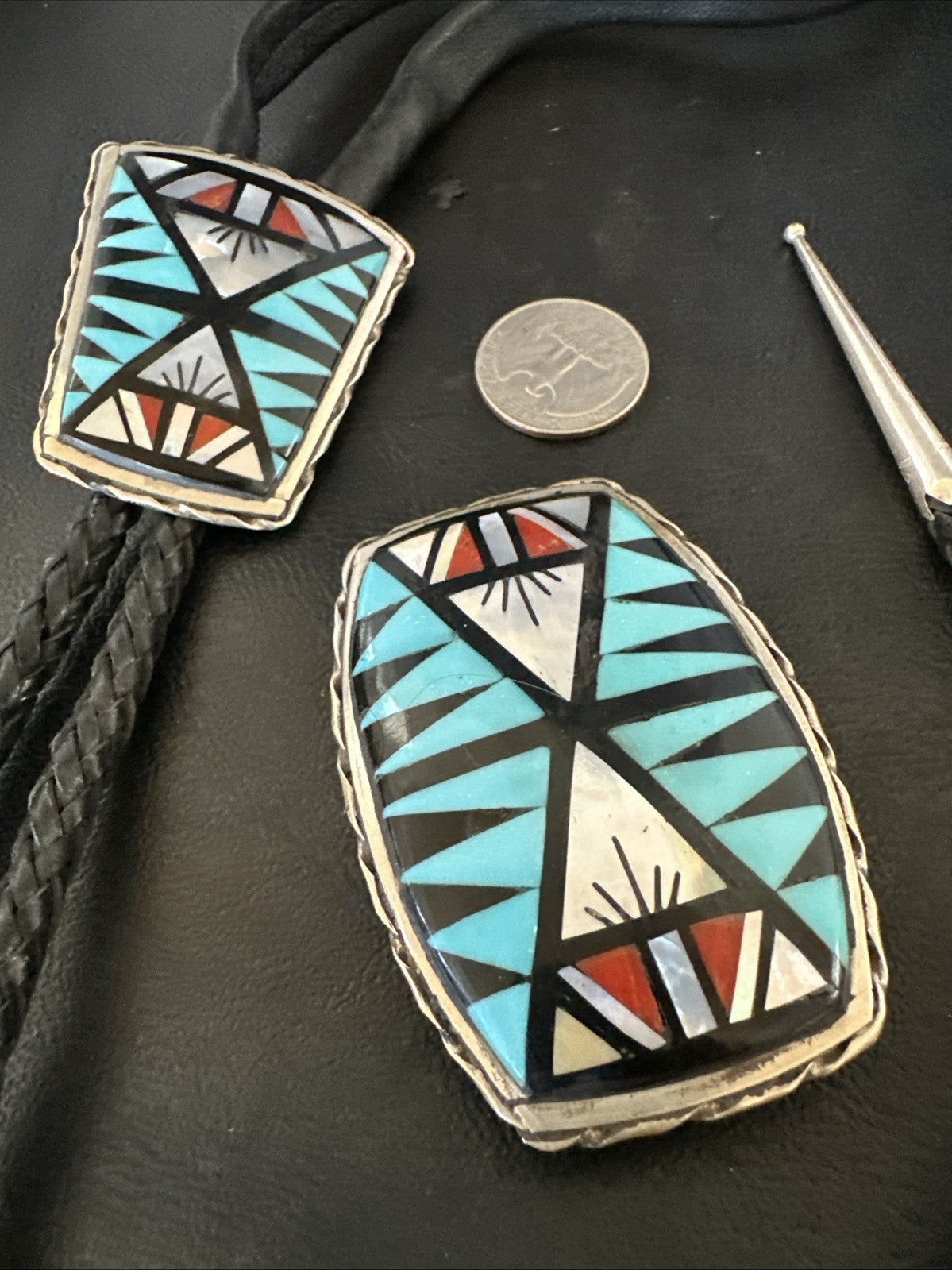 Zuni  Mens BoloTie Belt Buckle Ranger Set Turquoise Coral Sterling Silver 19155