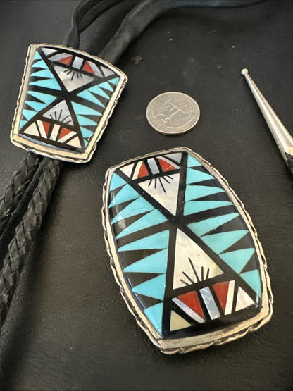 Zuni  Mens BoloTie Belt Buckle Ranger Set Turquoise Coral Sterling Silver 19155