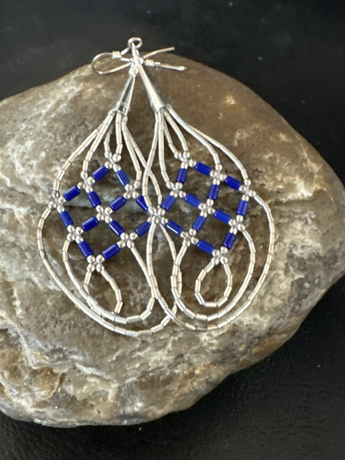 Blue Lapis 3 Strand Heishi Liquid Sterling Silver Dangle Earrings 17737