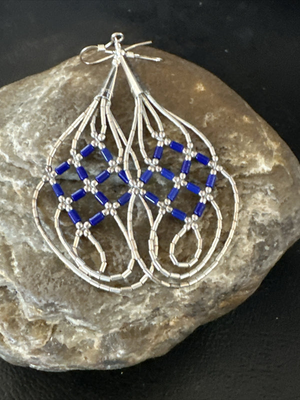 Blue Lapis 3 Strand Heishi Liquid Dangle Earrings | Sterling Silver | Authentic Native American Handmade | 17737