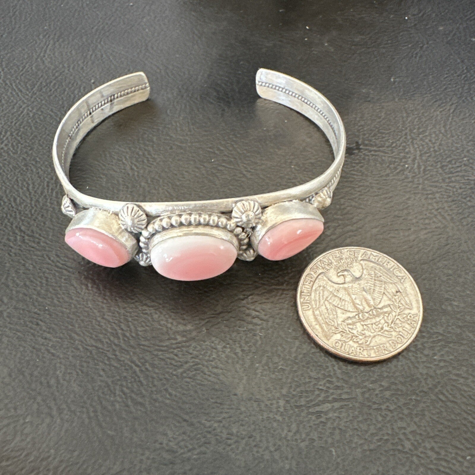 Navajo Pink Conch 3 Stone Sterling Silver Cuff Bracelet 18851