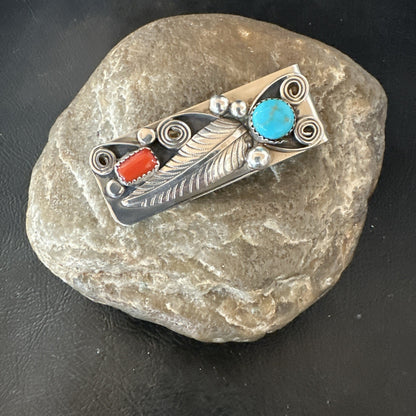 Mens Women Blue Turquoise Coral Navajo Stainless Stamped Silver Money Clip 19736