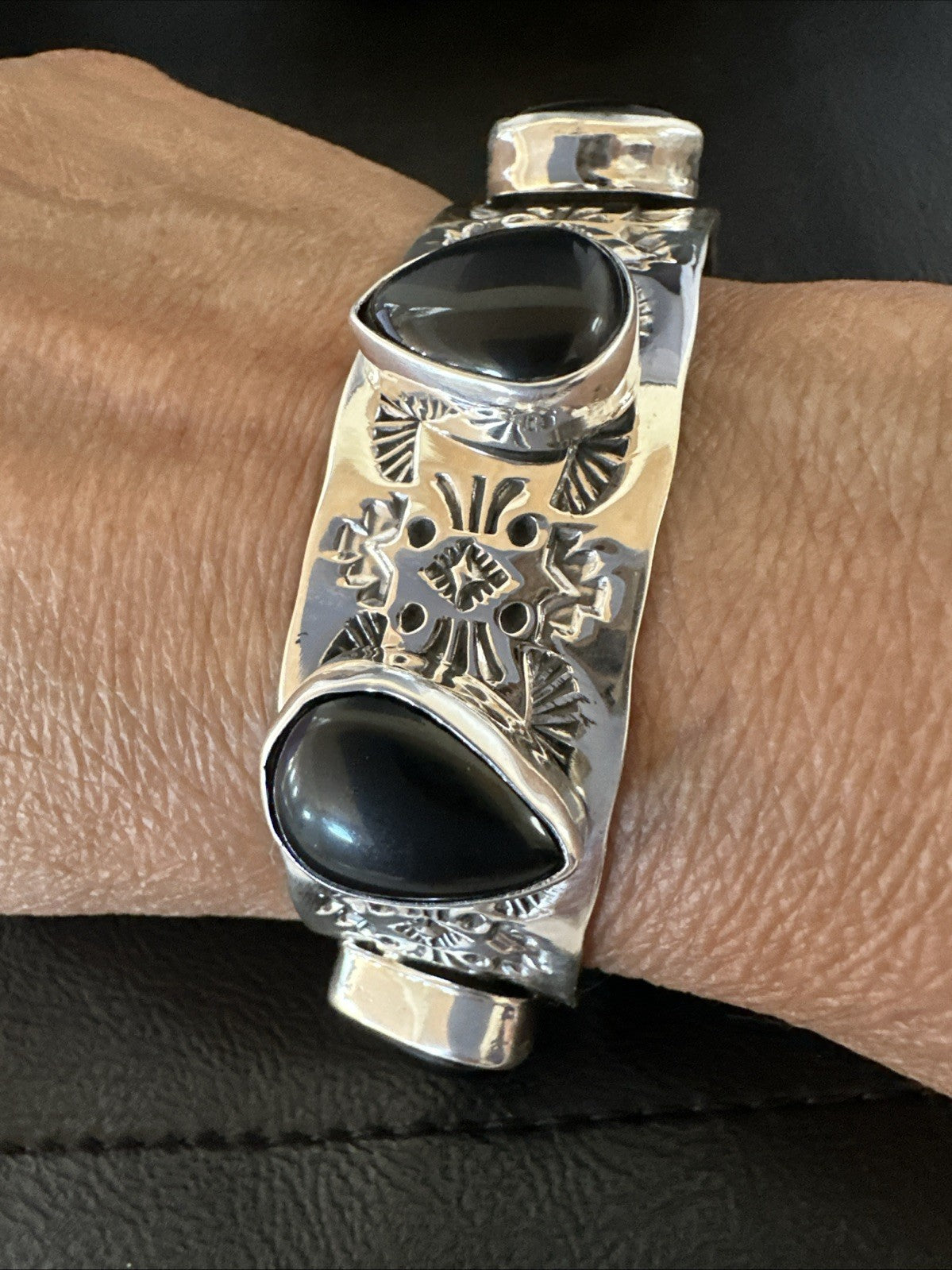 Mens Womens Navajo Sterling Silver Black Onyx Cluster Cuff Bracelet 7.5" 19434