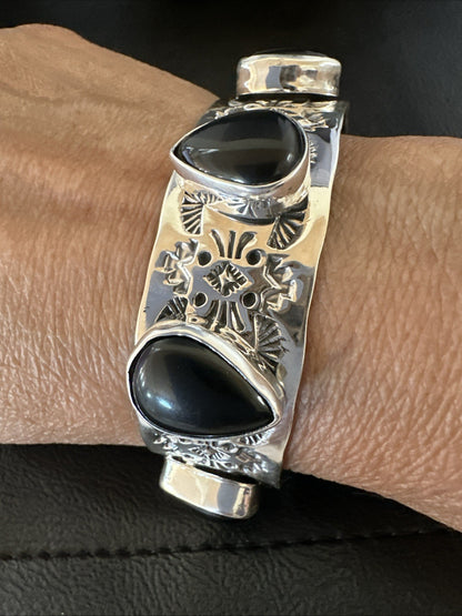 Mens Womens Navajo Sterling Silver Black Onyx Cluster Cuff Bracelet 7.5" 19434