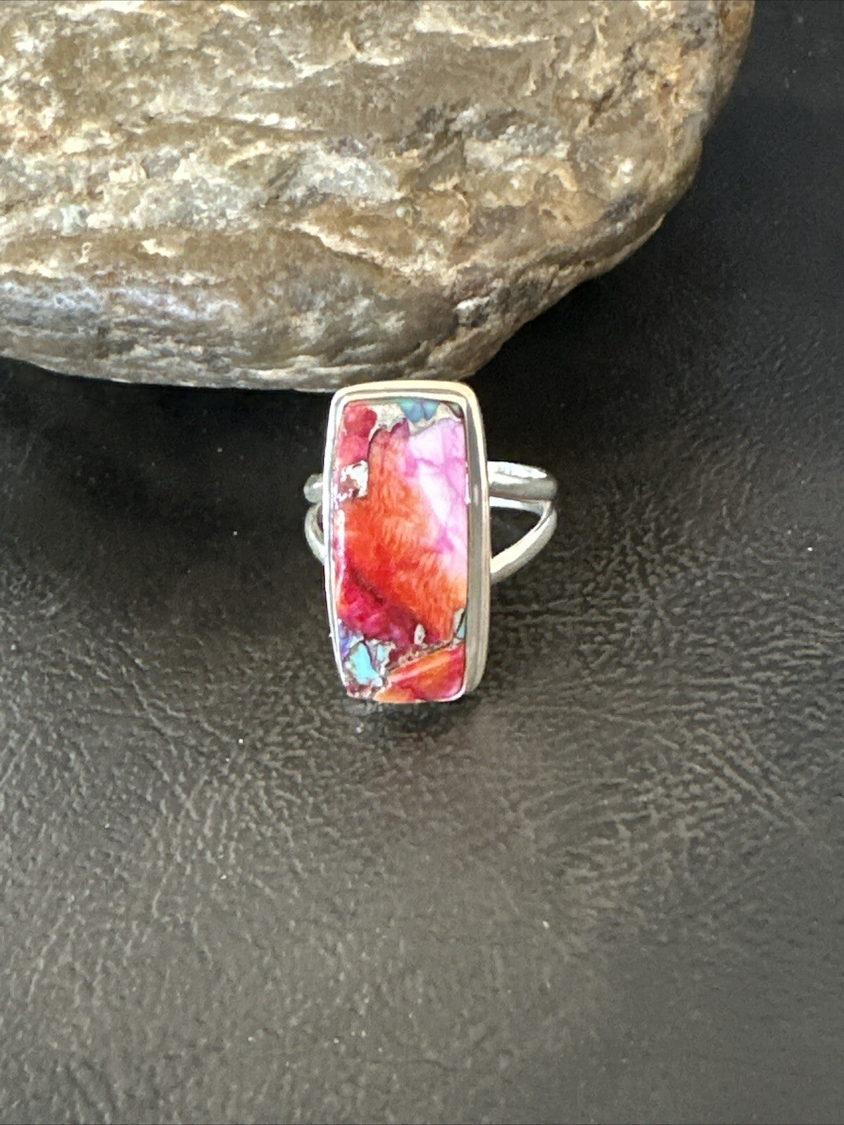 Blue Turquoise Spiny Oyster Southwestern Sterling Silver Ring Size 9 18465