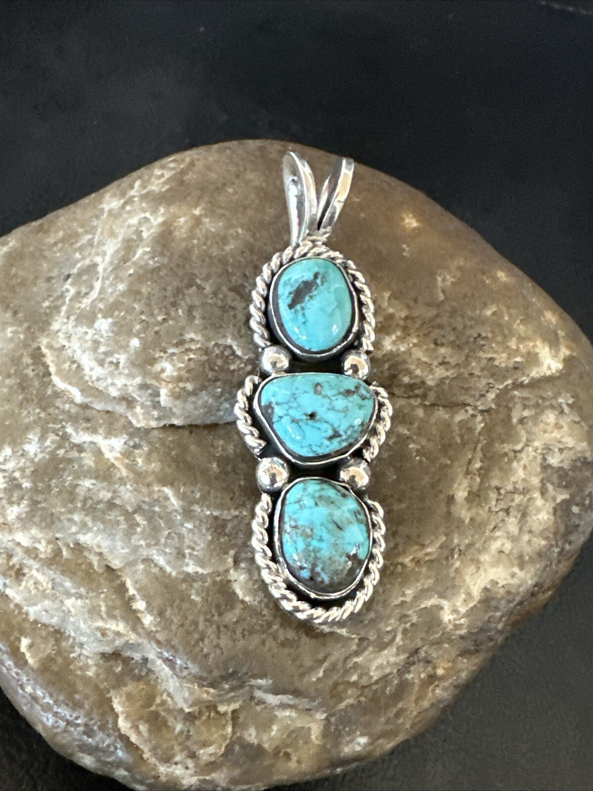 Blue Turquoise 3 Stone Navajo Sterling Silver Cluster Pendant Only 18312