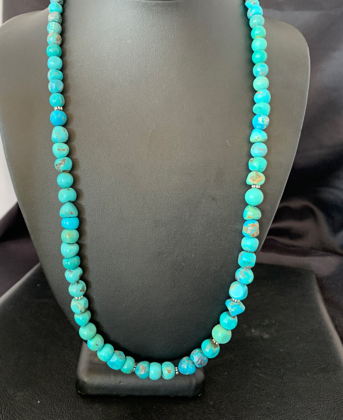 Mens Blue Turquoise Bead Navajo Sterling Silver Necklace 28” 10622