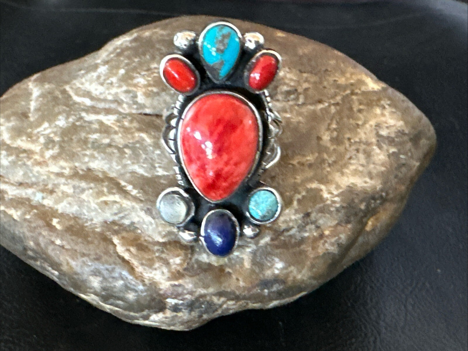 Cluster Blue Turquoise Spiny Oyster Onyx Sterling Silver Ring Size 9 18561