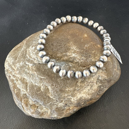 Native American 6mm Beads 7” Sterling Silver Stretch Beads Bracelet 90602