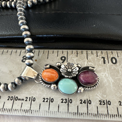 Multicolor Turquoise Spiny Navajo Sterling Silver Cluster Pendant Necklace 19311