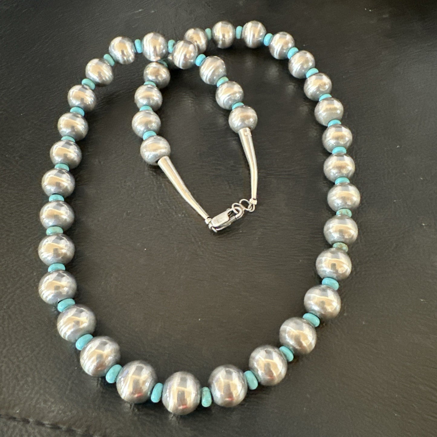Blue Turquoise 10mm Round Sterling Silver Beads Necklace 20” 92407