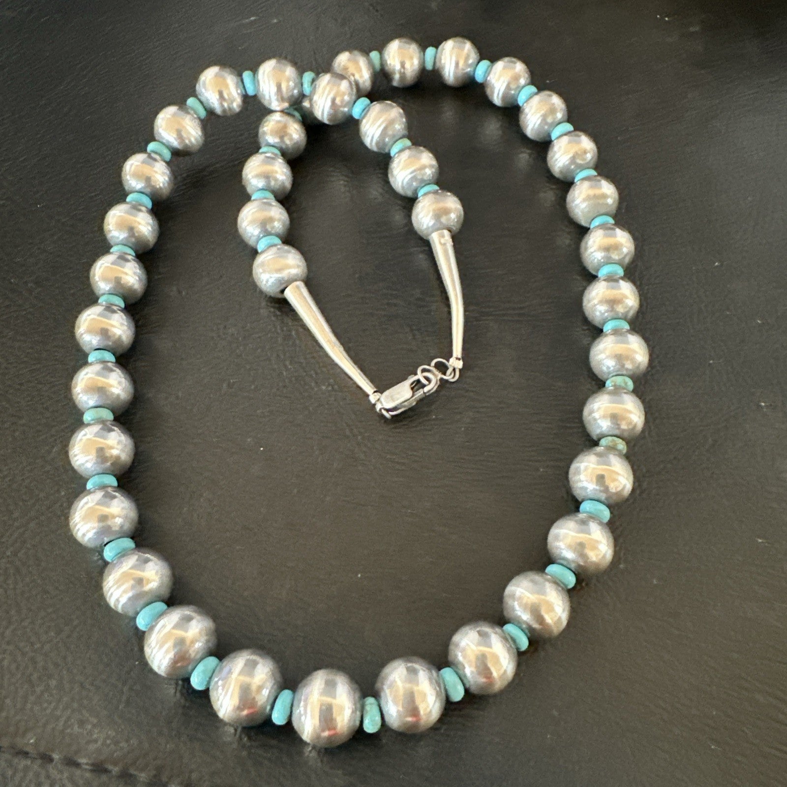 Blue Turquoise 10mm Round Sterling Silver Beads Necklace 20” 92407