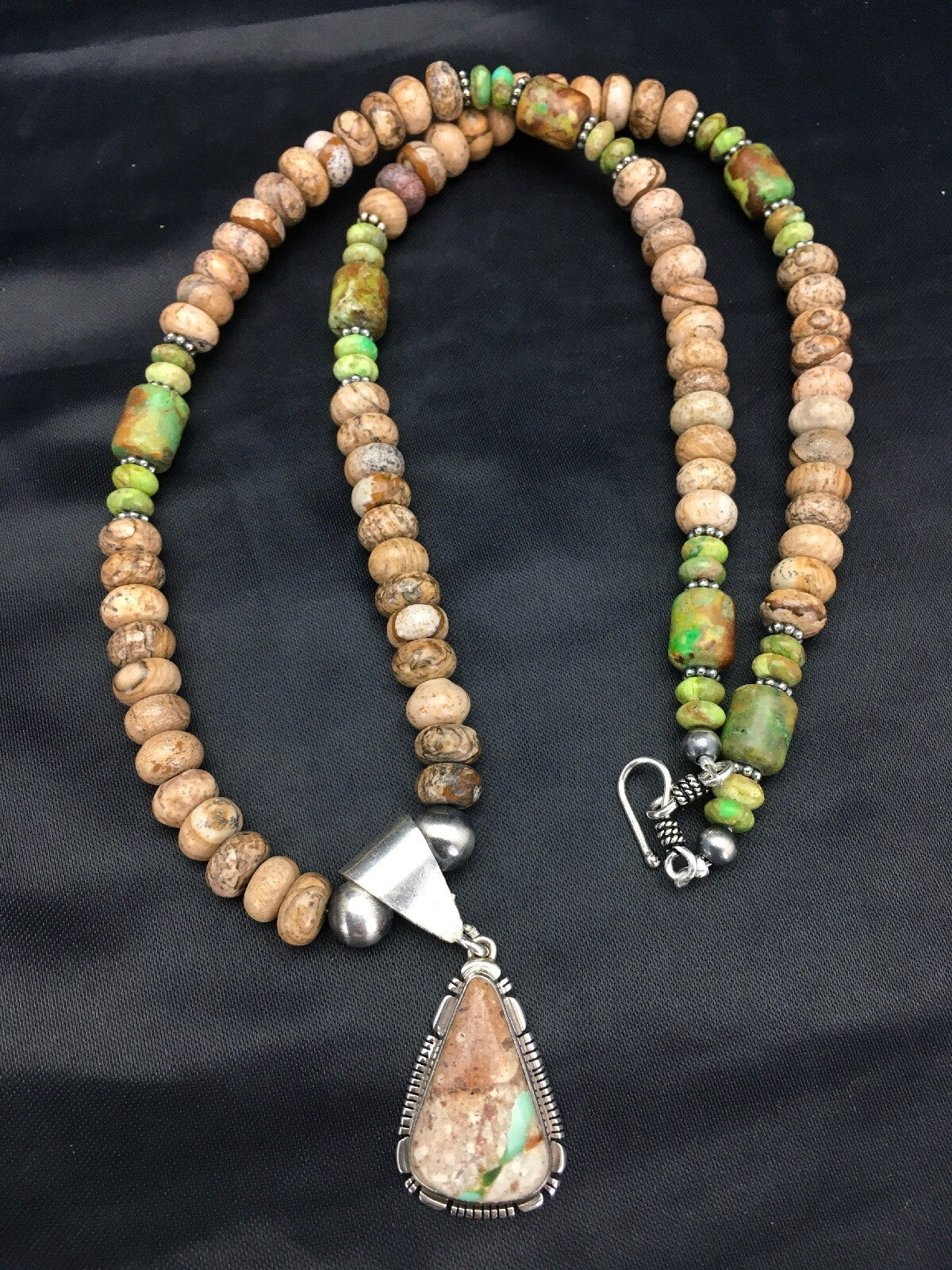 Green Turquoise & Picture Jasper Navajo Sterling Silver Necklace 02611