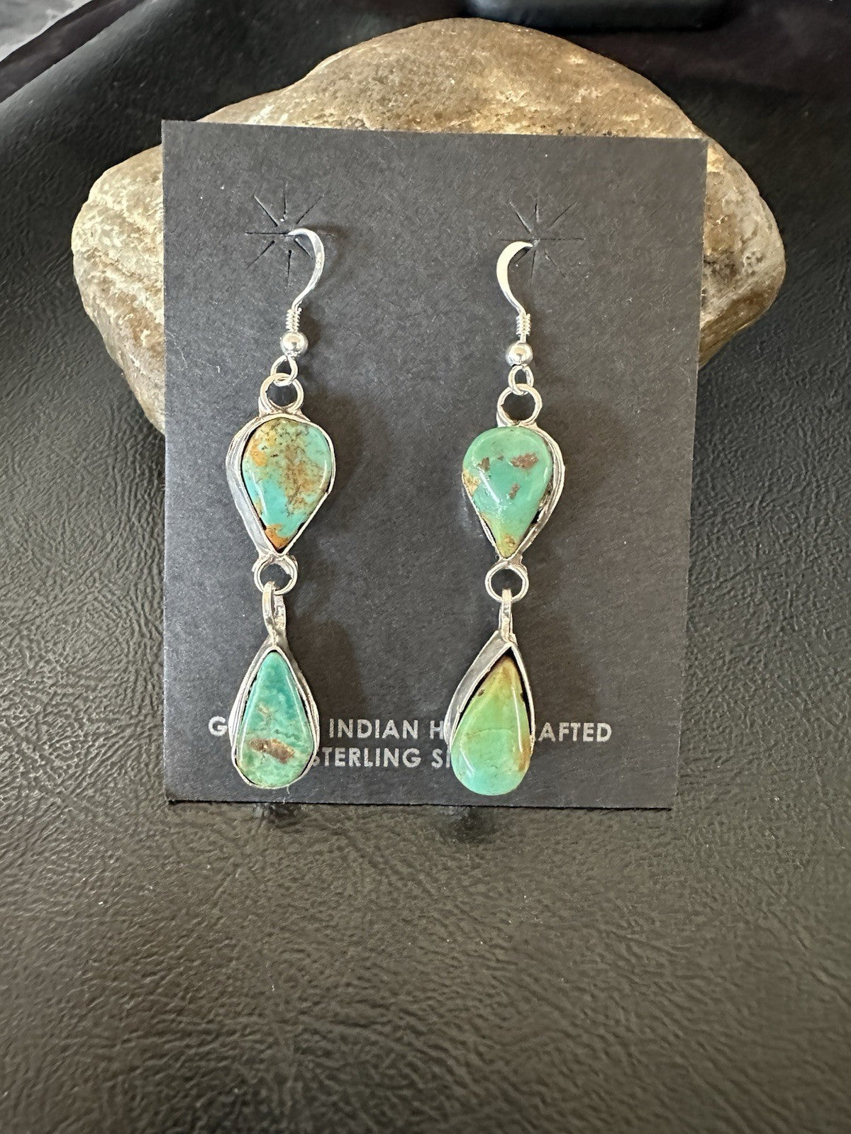 Green Royston Turquoise Navajo Sterling Silver Dangle Earrings 19369