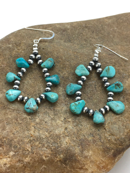 Blue Turquoise Cluster Navajo Sterling Silver Earrings 2" 02971