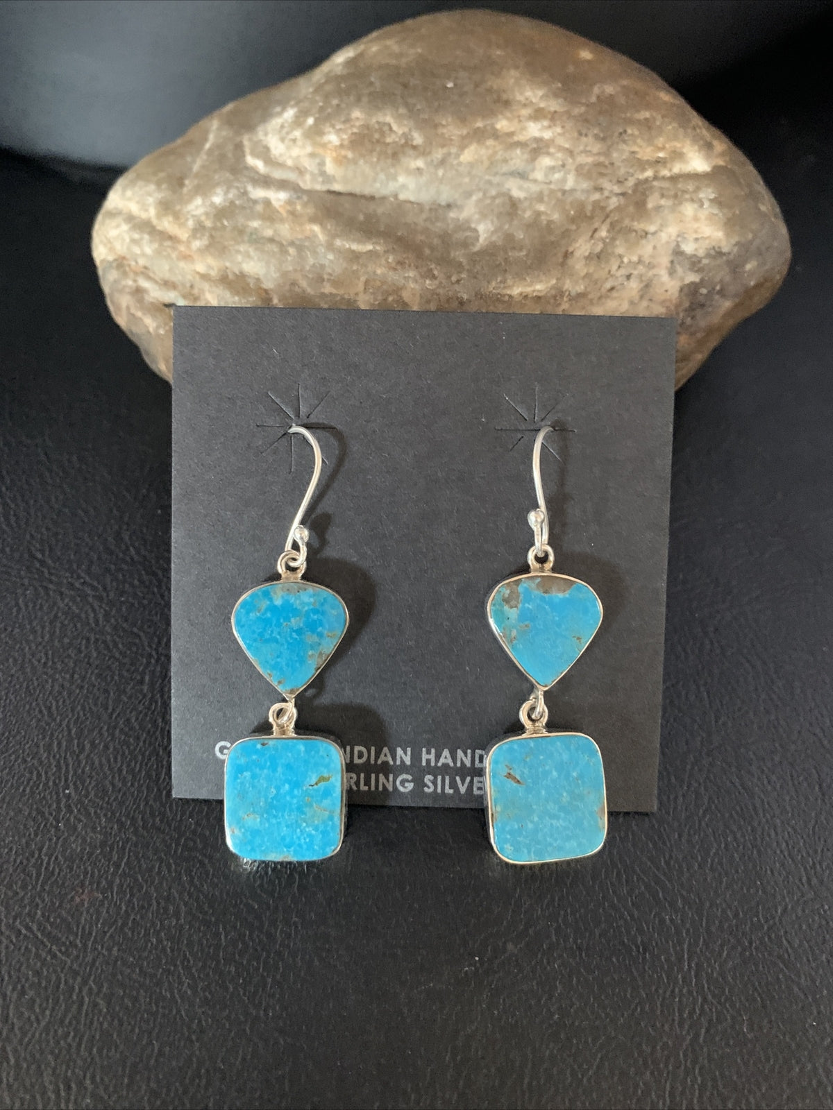 Blue Kingman Turquoise Navajo Sterling Silver Dangle Earrings 14074
