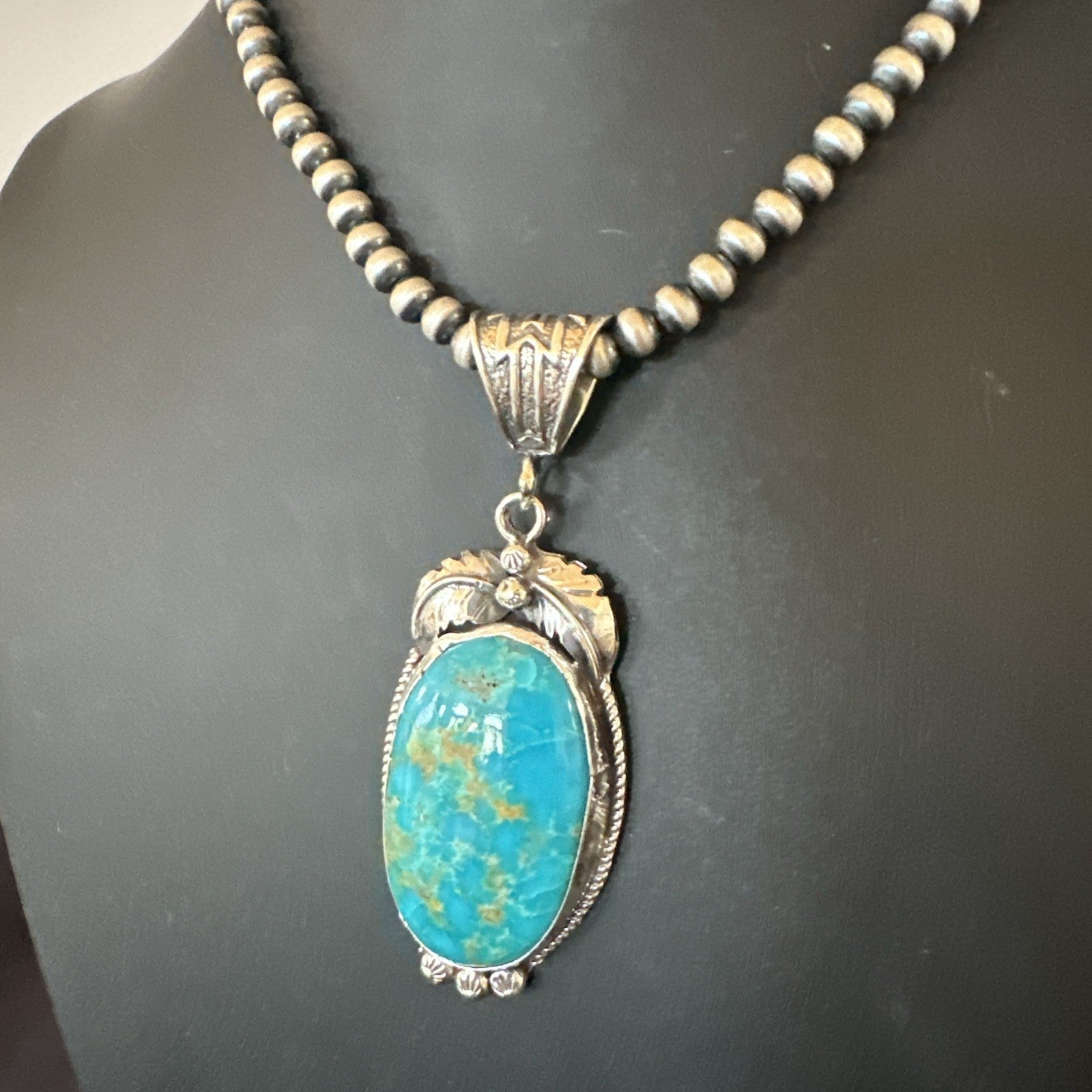 Mens Blue Kingman Turquoise Pendant Navajo Pearls Sterling Silver Necklace 19344