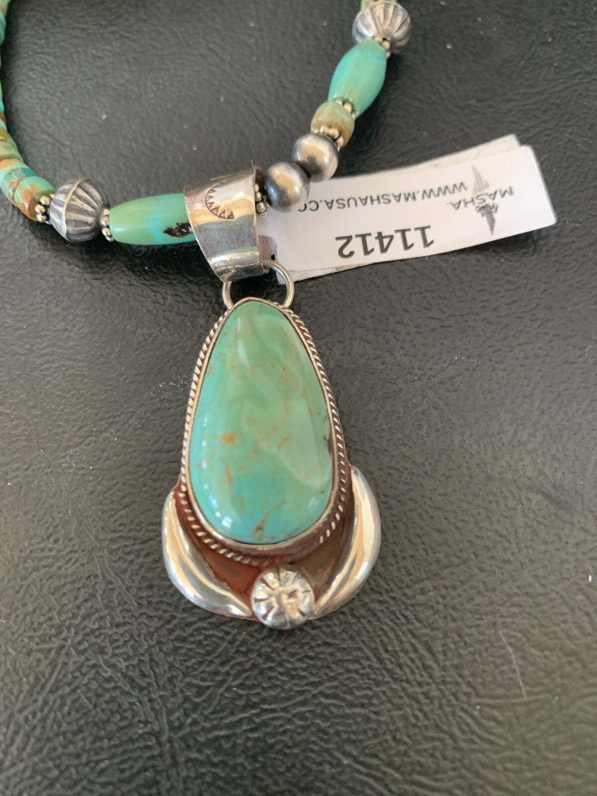 Green Turquoise Pendant Navajo Pearls Sterling Silver Necklace 11412