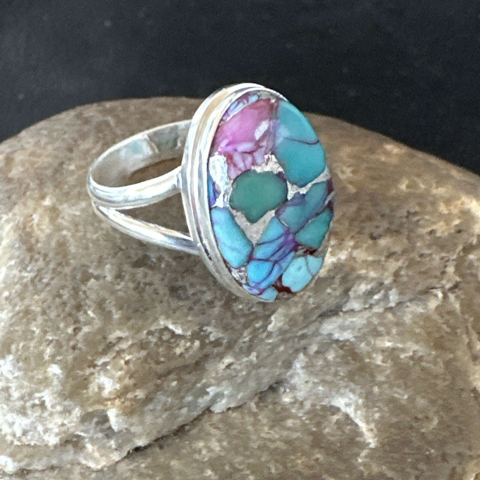 Blue Turquoise Spiny Oyster Southwestern Sterling Silver Ring Size 9 18462