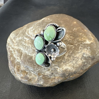 Yazzie Ring Green Turquoise Navajo Sterling Silver Cluster Size 8.5 19230