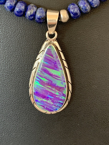 Native Navajo Sterling Silver Purple Opal Lapis Necklace Pendant 00591