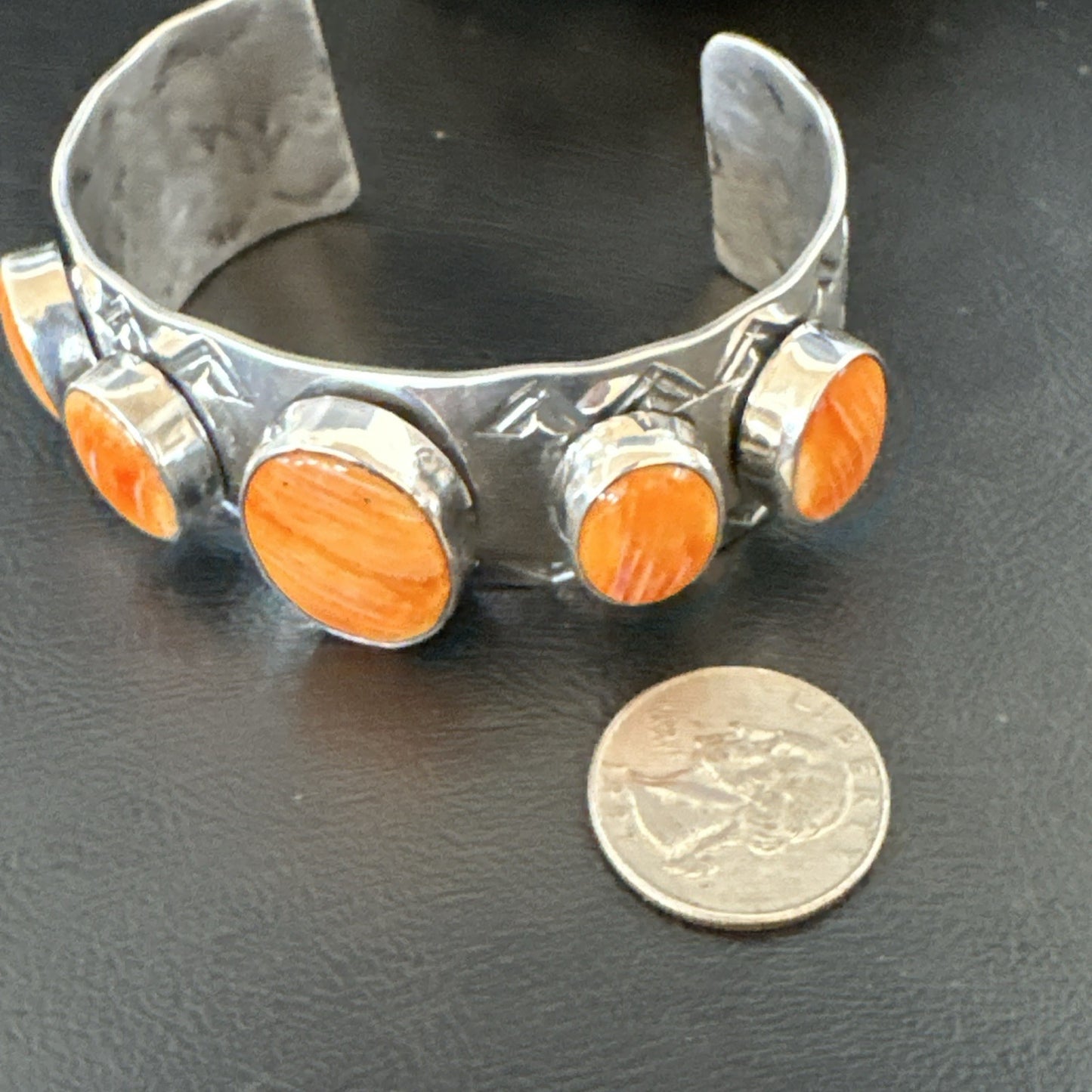 Orange Spiny Oyster 5 Stone Row Sterling Silver Navajo Cuff Bracelet 7.7" 19475