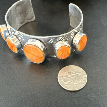 Orange Spiny Oyster 5 Stone Row Sterling Silver Navajo Cuff Bracelet 7.7" 19475