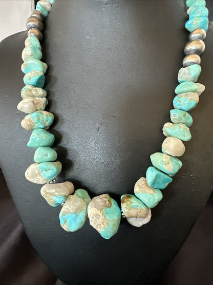 Blue Armenian Turquoise Chunky Nugget Navajo Sterling Silver Necklace 19” 18317